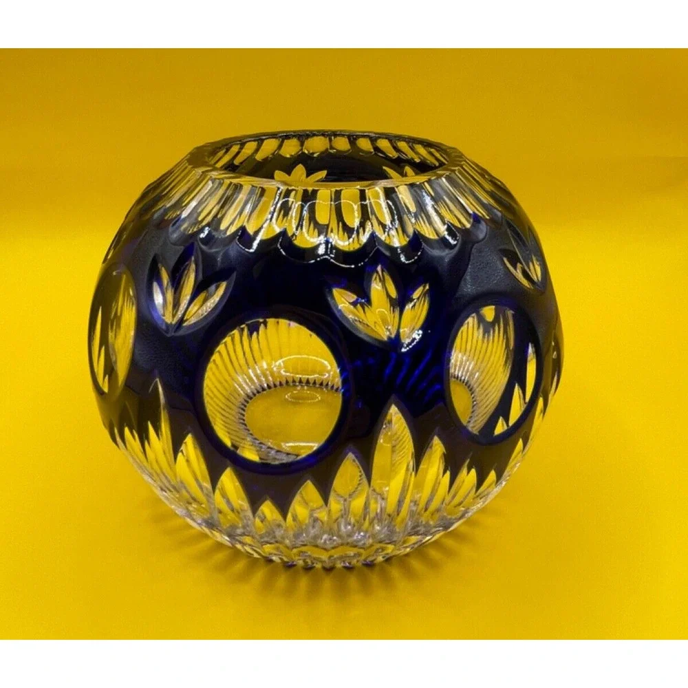 Exquisite Cobalt Blue Cut To Clear Round Crystal Votive Vase 4.5 inches